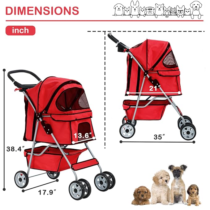 Pet Stroller,4 Wheels Dog Stroller with Storage Basket,Compact Portable Folding Carrier for Travel,Camping,Dog Carrier for Small Medium Dogs Or Cats,Lightweight Waterproof Pet Stroller,Red