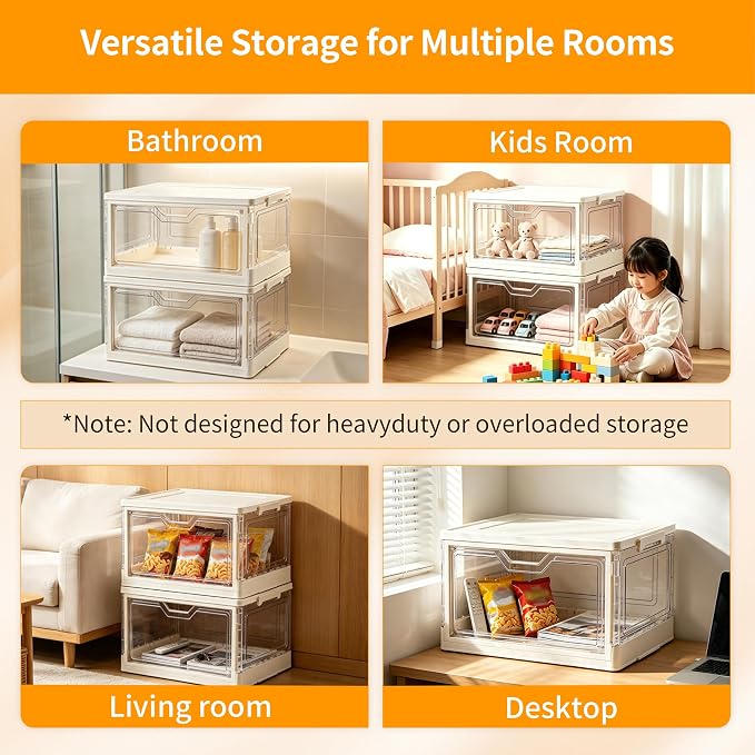 Collapsible Storage Bins with Lid, Clear Stackable Organizer Box, 15.35" x 11.02" x 8.66", for Clothes, Books, Snacks (1-Tier)