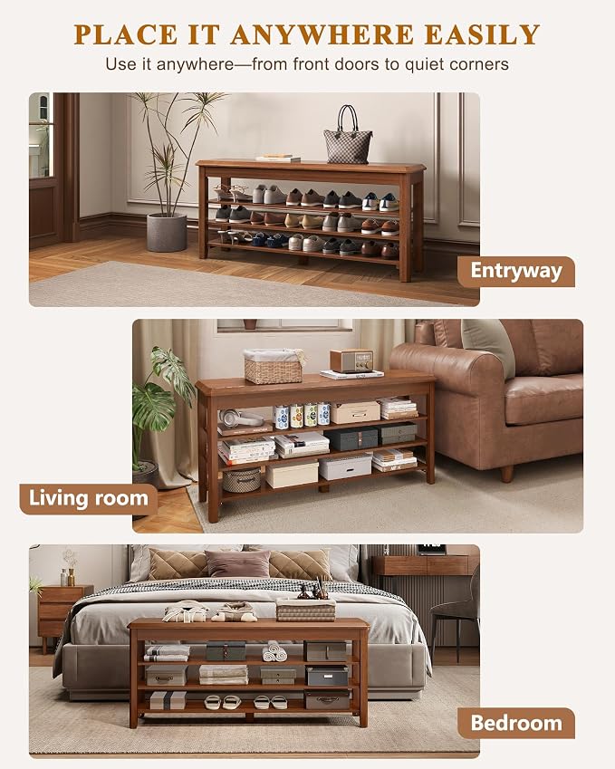 IUNVR Shoe Rack Bench Seat Rubberwood 3-Tier Wooden Storage Bench 550lbs Compact Mid-Century Modern Design for Entryway, Hallway, Closet, Front Door Entrance, Foyer