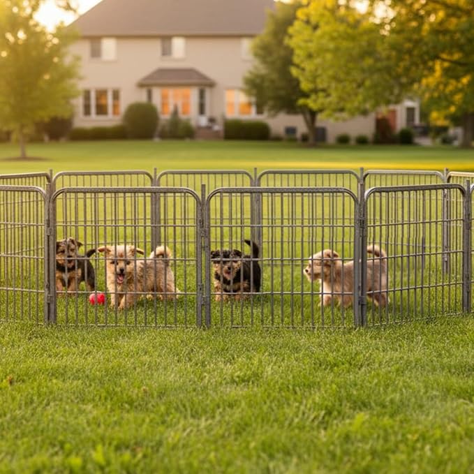 Dog Play Pen for Outdoor Use - 24'', 8 Panels for Small and Puppy Size Dogs - Portable Playpen Pet Fence for RV, Camping, and Yard - Heavy Duty Kennel w/Grey Rust Resistant Coating