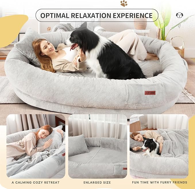 Fvkind Human Size Dog Bed, Adult Dog Bed for Humans, 73"x56"x12", Grey | Oversized Adult Dog Bed with Washable Faux Fur Cover, Orthopedic Thick Egg Crate Foam, Comfortable Sleep Large Human Dog Bed