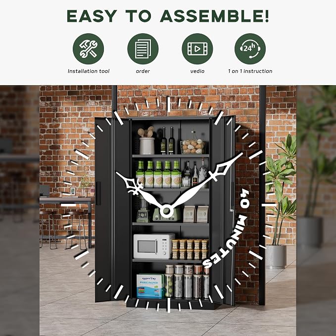Greenvelly Metal Storage Cabinet, 72" Black Metal Locking Storage Cabinet with Doors and 4 Adjustable Shelves, Large Steel Cabinet for Home Office, Garage, Shop, School (32" W x 16" D)