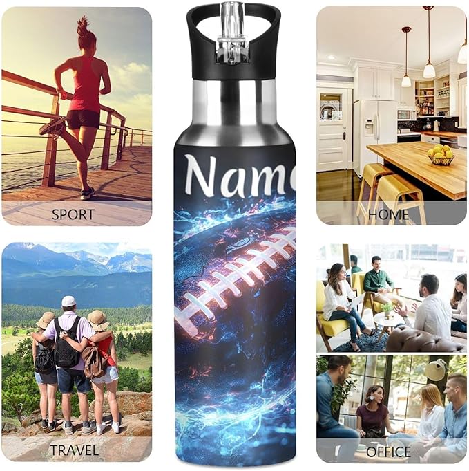 Custom Name American Football Blue Lightning Water Bottle with Straw Lid Kids Insulated Stainless Steel Water Flask Sports, 20 Oz Hot Cold