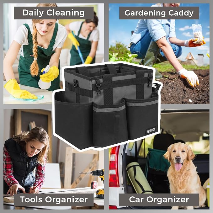SCAVATA Compact Wearable Cleaning Caddy with Handle & Shoulder Straps | Small Cleaning Supplies Organizer, Under Sink & Car Cleaning Tools Storage Bag for Housekeepers Cleaners, DarkGrey