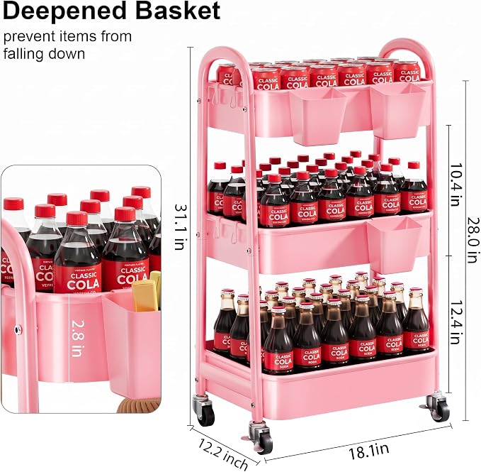 3 Tier Rolling Storage Cart Metal with Wheels, Pink Three Tiered Craft Cart Organizer on Wheels, Utility Carts for Baby Nursery, Diaper Caddy, Art, Book, Snack, Nail, Makeup, Bathroom Supplies, Mesh