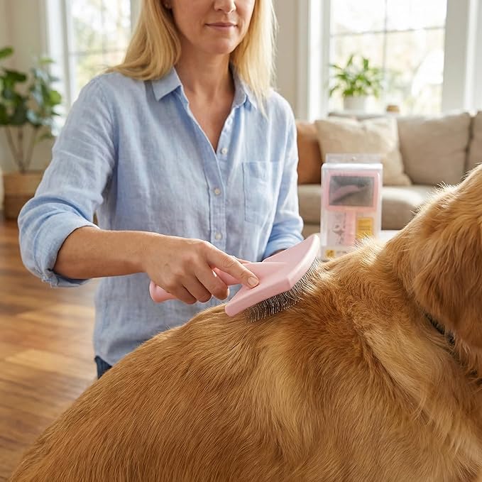 Professional Dog Slicker Brush for Poodles, Goldendoodles & Long-Haired Dogs 25mm Extra Long Pins, Gentle Dematting & Detangling Tool for Thick Curly Coats, Non-Slip Ergonomic Handle (Pink, S)