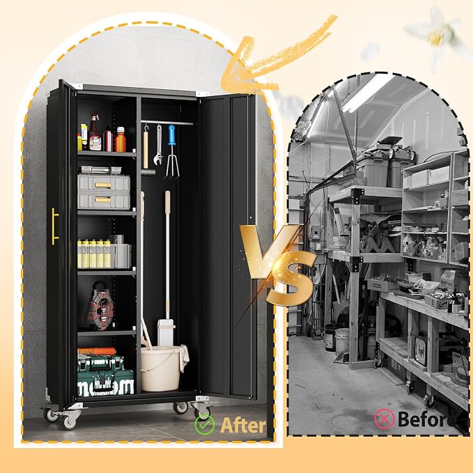 pozdeg 71" Black Rolling Lockable Metal Broom Closet Storage Cabinet