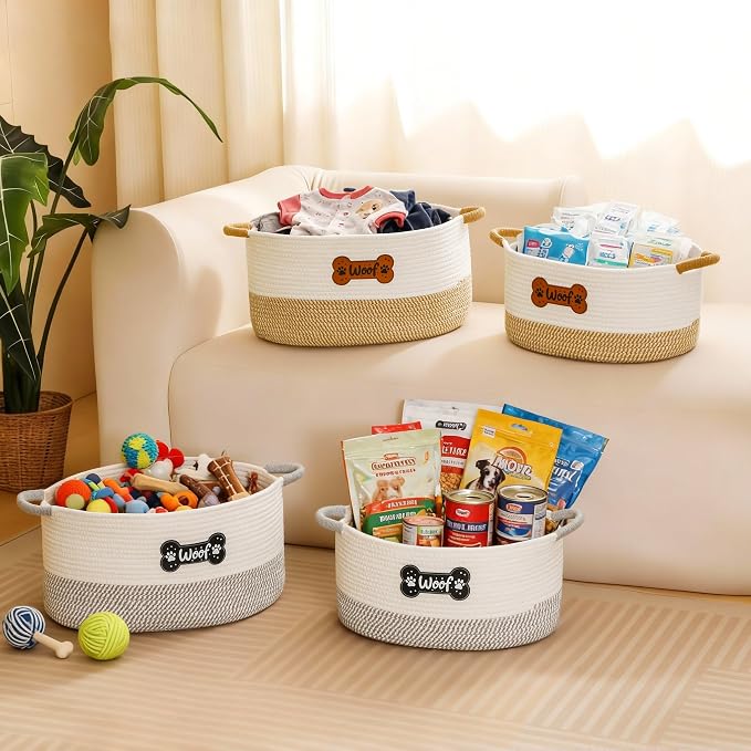 Large Dog Toy Basket Box Bin, Woven Storage Baskets for Dog Cat, Cotton Rope Toys Storage Basket for Dogs Cats Bed Toys Accessories Organizer With Handles for All Pets-Puppies to Large