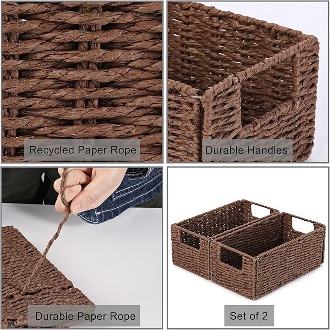 Vagusicc Wicker Storage Basket, Set of 2 Hand-Woven Paper Rope Wicker Basket, Small Storage Baskets for Organizing Toilet Paper, Foldable Large Cube Storage Organizer Bins for Shelves (Brown)