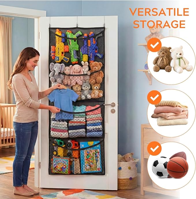 Over The Door Stuffed Animal Storage, Wide, Cotton | Toy Organizer for Storage Plush Toys, Stuffed Animal Holder with 4 Large Pockets, Hanging Door Organizer for Nursery