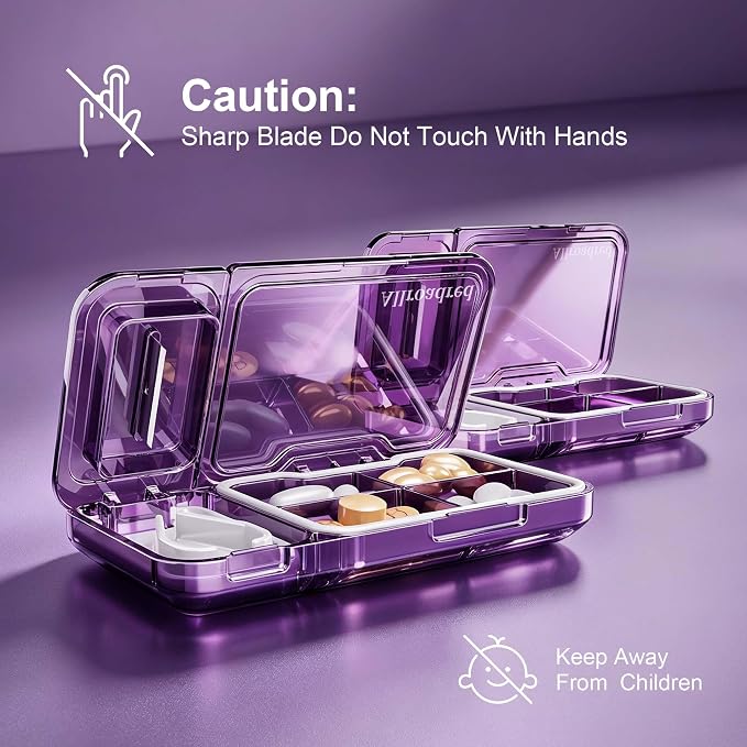 2-in-1 Pill Cutter and Splitter with Pill Organizer, Airtight Moisture-Proof Pill Case, Stainless Steel Blade for Tablets, Vitamins & Supplements, Travel Pill Case (Deep Purple)