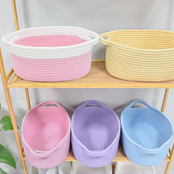 ABenkle Small Basket with Handles, Boho Decorative Rope Woven Dog Cat Toy Storage Bin Shelf Storage Organizer, Easter Christmas Gift Basket, 12"x8"x5", Pink