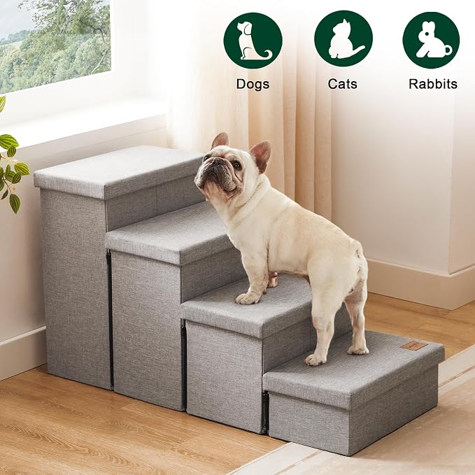 Love's cabin Dog Stairs for High Bed, Foldable Pet Stairs for Small Medium or Large Dogs Puppy with Storage for Bed or Couch, Cat Dog Steps Ramp with Zip up to 200 lbs, Solid Grey, 4 Steps