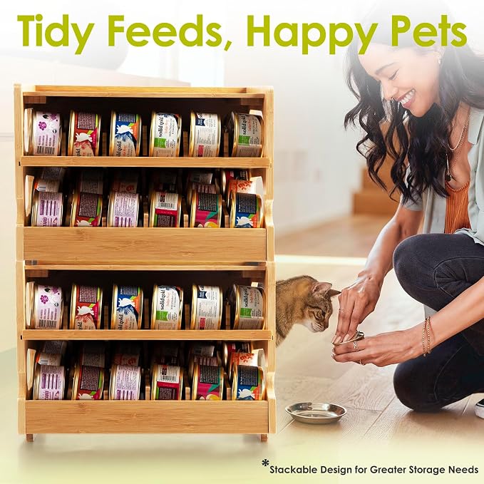 Coanto Cat Food Can Organizer, Bamboo 2-Tier FIFO Can Dispenser | 2-tier shelf holds up to 36 standard 3 oz wet cat food cans. Stackable pantry organizer for cabinets, counters