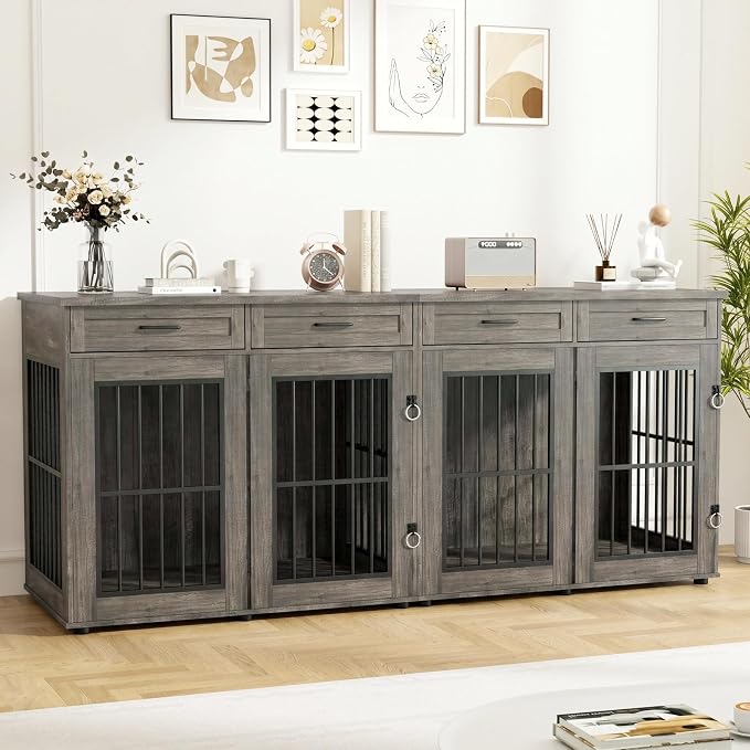 VOWNER 87" Dog Crate Furniture for 2 Dogs, Double Dog Cage Furniture, Grey | Extra Large Wooden Dog Kennel with 4 Drawer, Removable Divider, Furniture-Style TV Stand, XXL Dog Crate for Large Medium Dogs