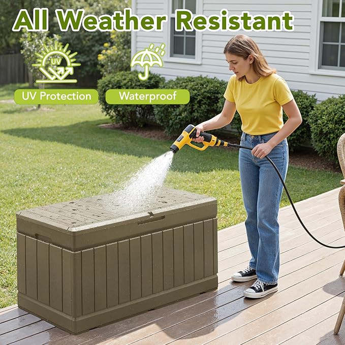 Devoko 78 Gallon Deck Box, Waterproof Resin Outdoor Storage Box | Outdoor Storage Bench Lockable for Outside and Patio Furniture, Garden Tools and Pool Supplies