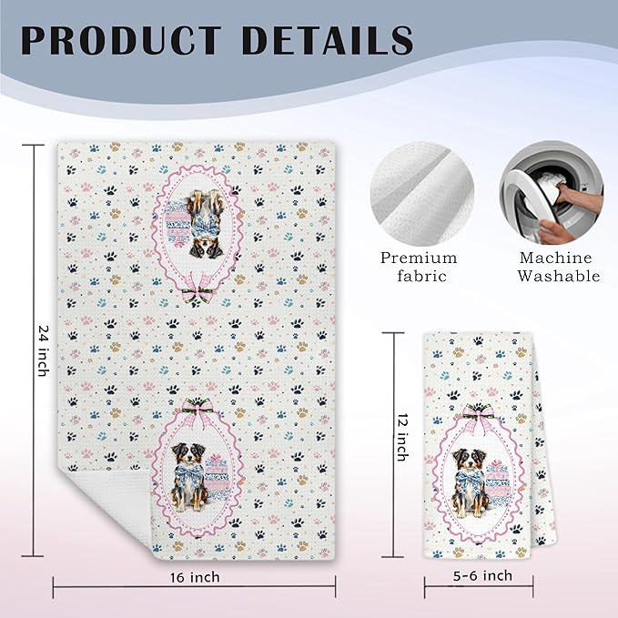 Blue Chinoiserie Australian Shepherd Dog Kitchen Towels, Aussie Dog Gifts Dish Tea Towels for Kitchen Decor, Coquette Pink Bow Aussie Hand Towel for Bathroom Decor, 16x24 Inch