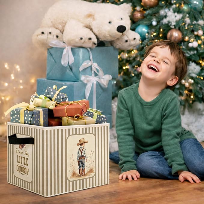 Little Cowboy Storage Bin, Foldable Fabric Basket for Kids Room | Foldable fabric storage bin with western cowboy design for toys, books, clothes, nursery, bedroom, and playroom use.