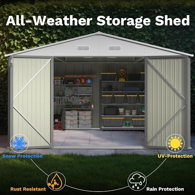 Patiowell 10x14 FT Outdoor Storage Shed, Grey | Garden Metal Shed, Lockable Doors, Sloping Roof, Large Outside Utility Tool Sheds For Backyard Garden Patio