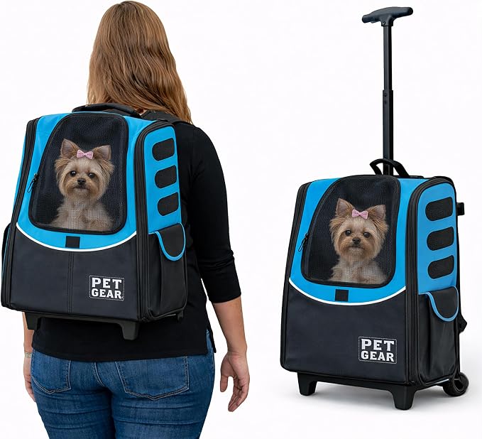 Pet Gear I-GO2 Roller Backpack, Medium Escort, Caribbean Blue | Travel Carrier, Car Seat for Cats/Dogs, Mesh Ventilation, Telescoping Handle, Storage Pouch, Included Tether