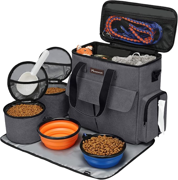 Modoker Weekend Dog Travel Bag with 2 Food Bags, 2 Bowls and Mat, Dark Gray | Dog Travel Accessories Organizer for Camping and Road Trips with Roomy Storage, Multiple Pockets and Water-Resistant Oxford