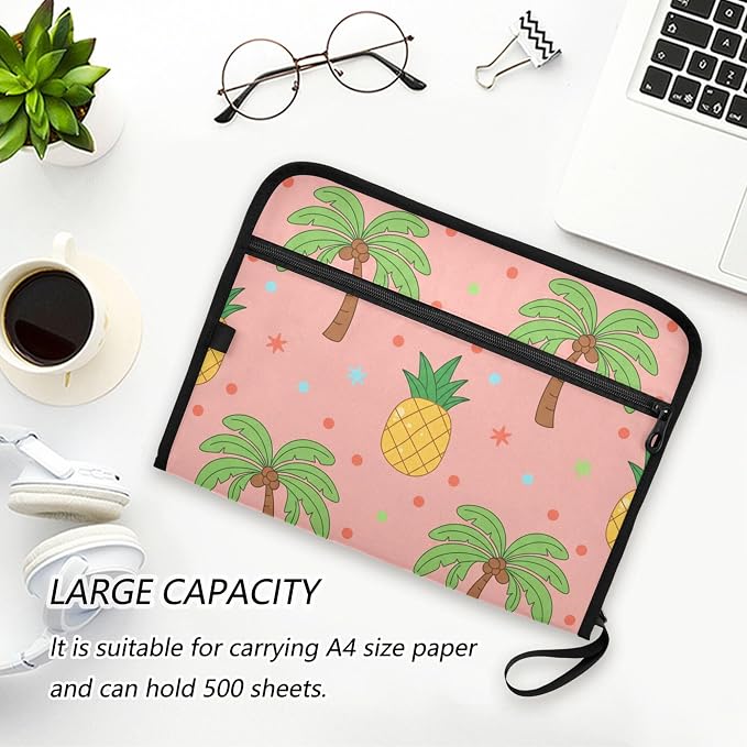 Tropical Pineapples Pink Expanding File Folder with Sticky Labels, 13 Pockets Accordion File Folder Document Organizer Expandable Zip File Folder with Zipper Closure