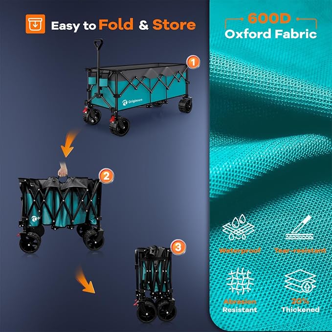 Originsure 300L Beach Wagon Cart Foldable with Big Wheels,560lbs,Turquoise | 48" Folding Utility Wagon,7" All-Terrain Wheels,Heavy Duty Frame,Compact&Space-Saving,for Camping,Sports,Grocery,Garden