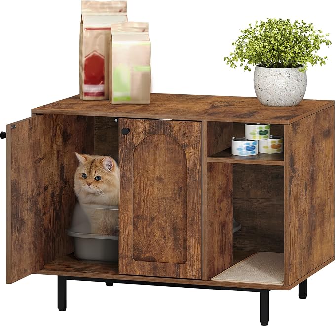 Hzuaneri Cat Litter Box Enclosure, Hidden Litter Box Furniture with Storage | Large Wooden Cabinet with Sisal Mat, Modern Cat Washroom for Living Room, Bedroom, Entryway, Rustic Brown and Black CB01501B