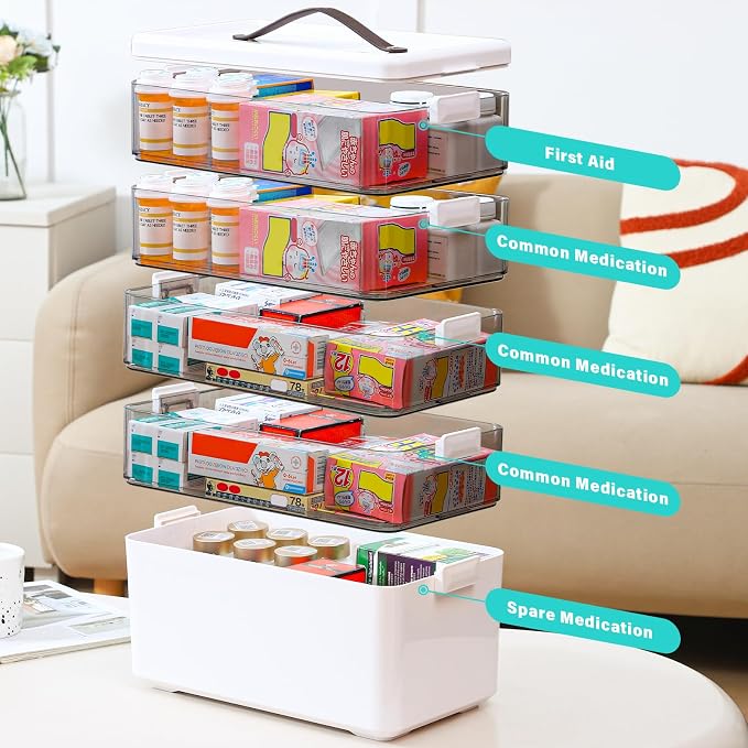 Homaigie Extra Tall 5-Tier Medicine Cabinet Organizer for Medicine Bottles Organizer, Portable Medicine Storage Box with Leather Handle, Empty First Aid Kit Container for Home, Classroom