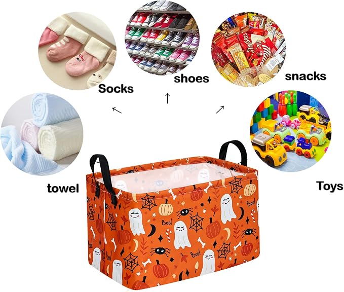 Rectangle Pumpkin Ghost Pattern Gift Storage Basket Home Shelf Storage Basket Organizer Box Clothes Laundry Hamper Nursery Basket Laundry Basket with Handles