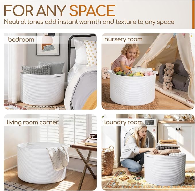White Cotton Rope Storage Basket, 22" X 22" X 14" Extra Large Blanket Storage Living Room, XL Soft Toy Bin for Organizing, Woven Baby Laundry Basket with Handle, White Wicker Hamper Nursery