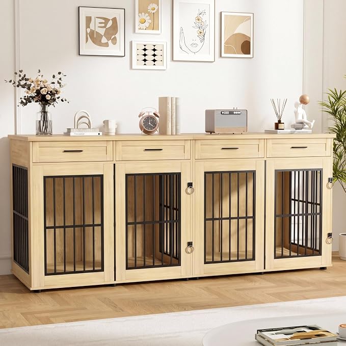 VOWNER 87"Dog Crate Furniture for 2 Dogs, Double Dog Cage Furniture,Natural | Extra Large Wooden Dog Kennel with 4 Drawer, Removable Divider, Furniture-Style TV Stand, XXL Dog Crate for Large Medium Dogs