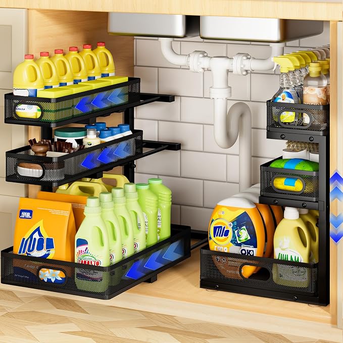 Under Sink Organizer 3 Tier, 4 Pack L-Shaped Pull-Out Cabinet Organizer with Sliding Metal Mesh Drawers, Height Adjustable Under Sink Storage Rack for Kitchen Bathroom Cabinet, Black