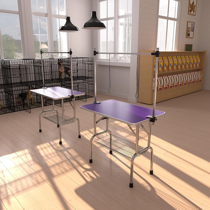 42" Pet Dog Grooming Table, Foldable Stainless Steel Frame Pet Drying Grooming Table Up to 330lbs, Professional Bathing Desk for Dogs at Home with Adjustable Overhead Arms, Noose, Mesh Tray, Purple