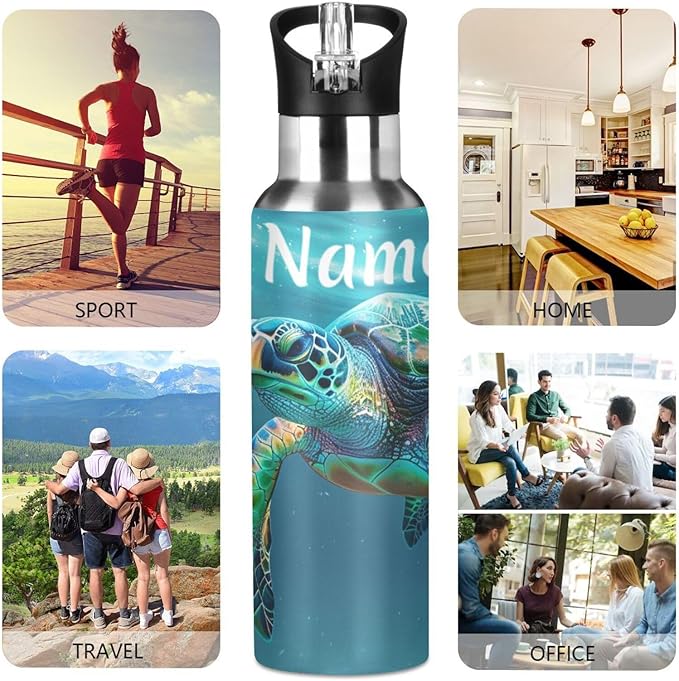 Custom Name Turtle Teal Underwater Water Bottle with Straw Lid Kids Insulated Stainless Steel Water Flask Sports, 20 Oz Hot Cold