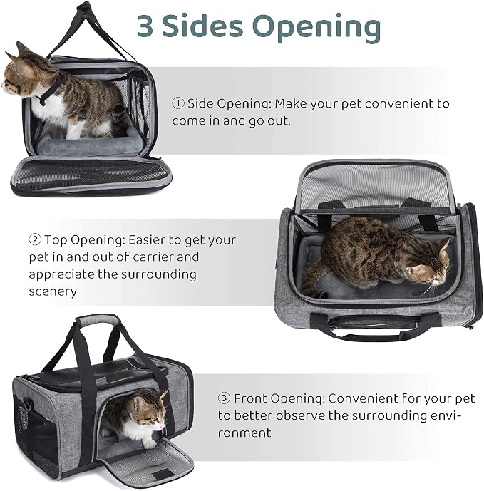 Wakytu TSA & Airline Approved Soft Pet Carrier for Cats/Dogs,17.7x11x8.3 | 3 entrances & 5 vents, waterproof rip-stop, anti-escape locks, padded strap,plane underseat,cat dog carrier