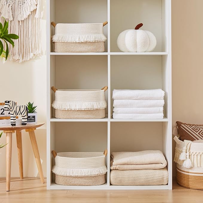 Storage Basket, Woven Baskets for Shelves, White/Brown | 3 Pack Boho Cotton Rope Storage Baskets, 14" x 9" x 8", Home Organizer for Nursery, Holds Toys, Books & Towels