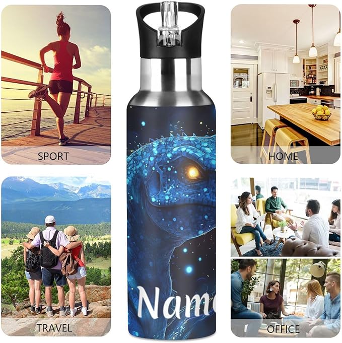 Custom Name Tech Dinosaur Blue Galaxy Water Bottle with Straw Lid Kids Insulated Stainless Steel Water Flask Sports, 20 Oz Hot Cold