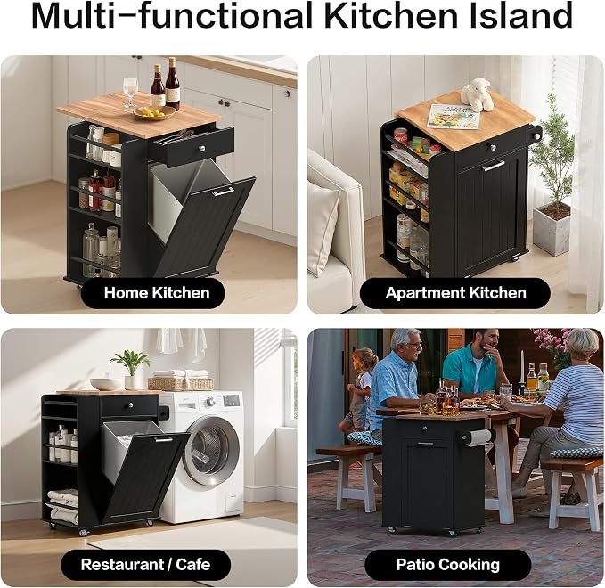 Kitchen Island, Island Table for Kitchen, Kitchen Carts on Wheels with Storage, Hidden Tilt Out Trash Cabinet