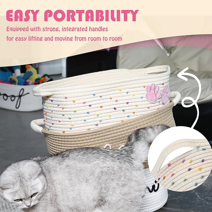 Sea Team Pet Toy Basket with Handles for Cats and Dogs, Rainbow Paw | Large Cotton Rope Storage Bin, Shelf Basket, Organizer for Pet Chew Toys, Foods, 16.5 x 11 x 7 Inches, 4.4 Gallons