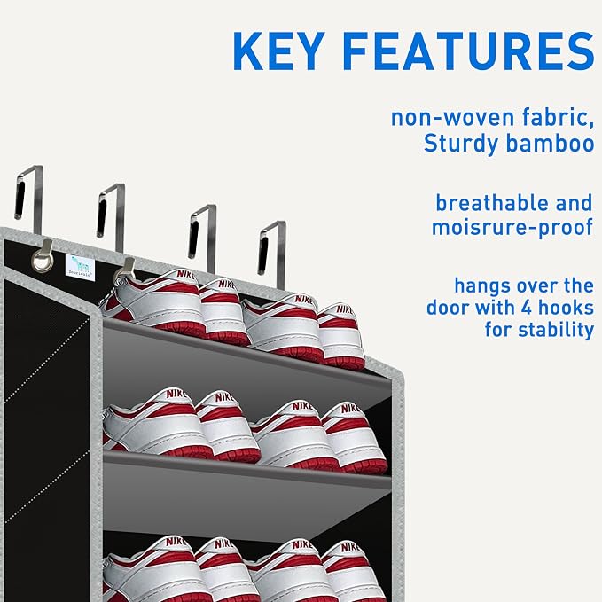Over the Door Shoe Organizer, Large Shoe Rack for Door 10 Tiers, Heavy Duty Metal Hanging Hook for Shoe Storage, Space Saving Shoe Holder Fits All Family Heels Boots Sneakers - Grey