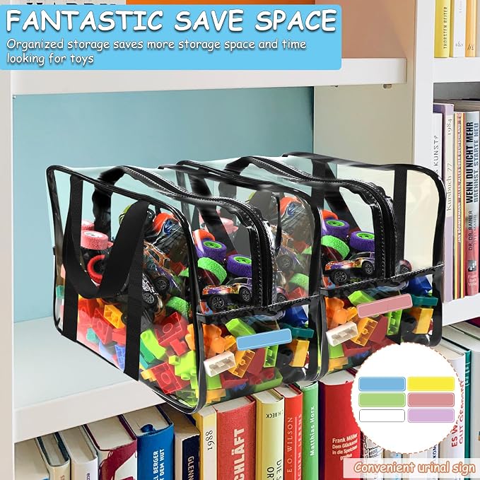 6 Packs XXL Toy Storage Bags 16.5×11.8×6.8In with Labels, Large Capacity Reusable Clear PVC Board Game Storage, Travel Waterproof Organizer Bags with Zipper