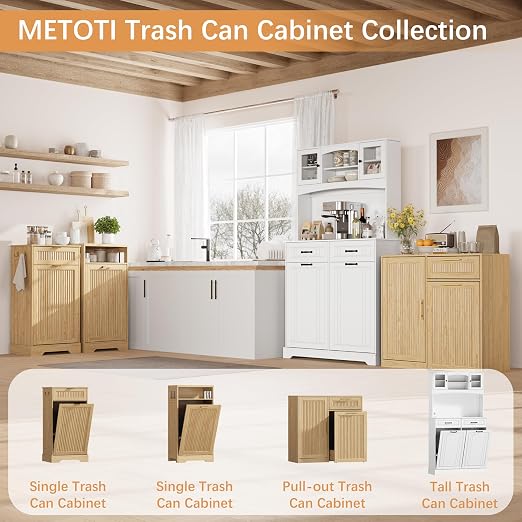 13 Gallons Pull Out Trash Can Cabinet with Storage, Natural Oak | Fluted Kitchen Trash Cabinet with Adjustable Shelf & Drawer, Hidden Wood Pet Proof Trash Can Holder for Laundry, Living Room