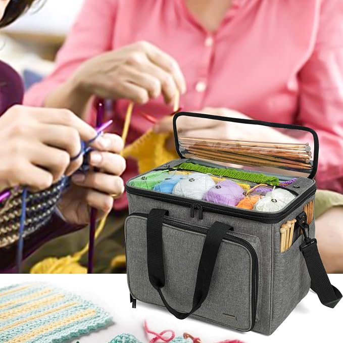 Teamoy Knitting Bag, Yarn Storage Organizer Crochet Bag Tote, Gray | Yarn Holder with Inner Divider(Sewn to Bottom) for Crochet Hook, Knitting Needles(Up to 14"), Project and Crocheting Supplies