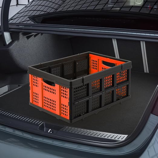 Garvee Collapsible Crate, 55L Foldable Plastic Milk Storage Crate, Orange | Heavy Duty Stackable Plastic Crates Folding Storage Baskets for Groceries, Moving, Camping & Car Storage