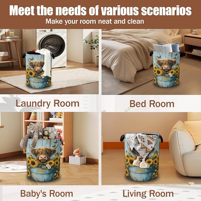 Highland Cow Laundry Hamper,Cow Sunflower Wood Laundry Baskets,Waterproof Oxford Cloth Toy Storage for Bedroom,Bathroom,Nursery,16x20.8 Inch
