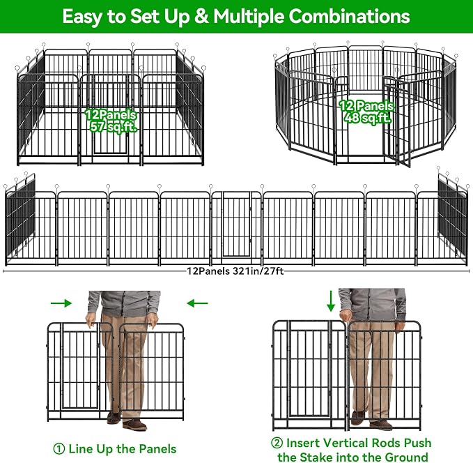 Kfvigoho Heavy Duty Dog Playpen 12 Steel Panels 40" Height | Square Steel Pipe with Reinforced Crossbars, 27FT 57 Sq.ft Portable Dog Fence Outdoor for Yard & RV Camping, Snowy Black