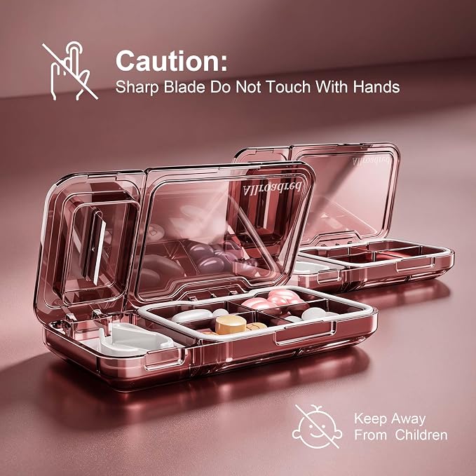2-in-1 Pill Cutter and Splitter with Pill Organizer, Airtight Moisture-Proof Pill Case, Stainless Steel Blade for Tablets, Vitamins & Supplements, Travel Pill Case (Satin Red)