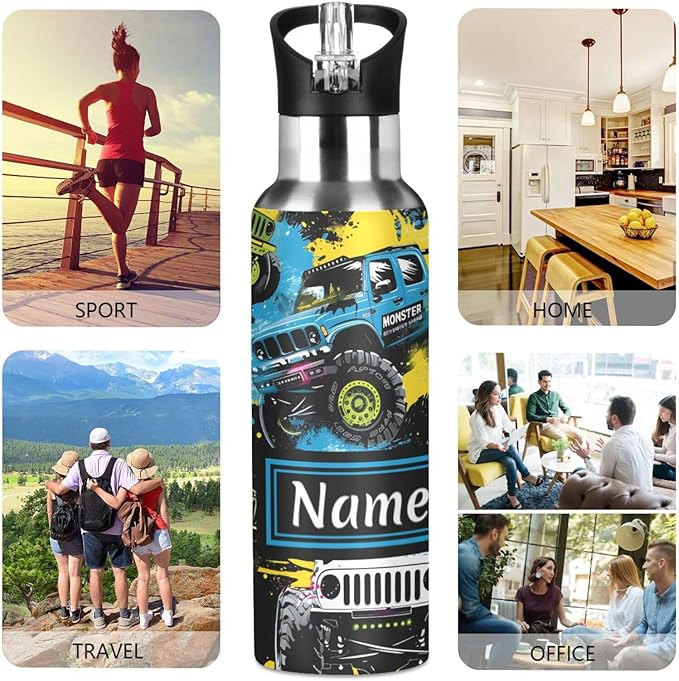 Custom Name Trucks Water Bottle with Straw Lid Kids Insulated Stainless Steel Water Flask Sports, 20 Oz Hot Cold