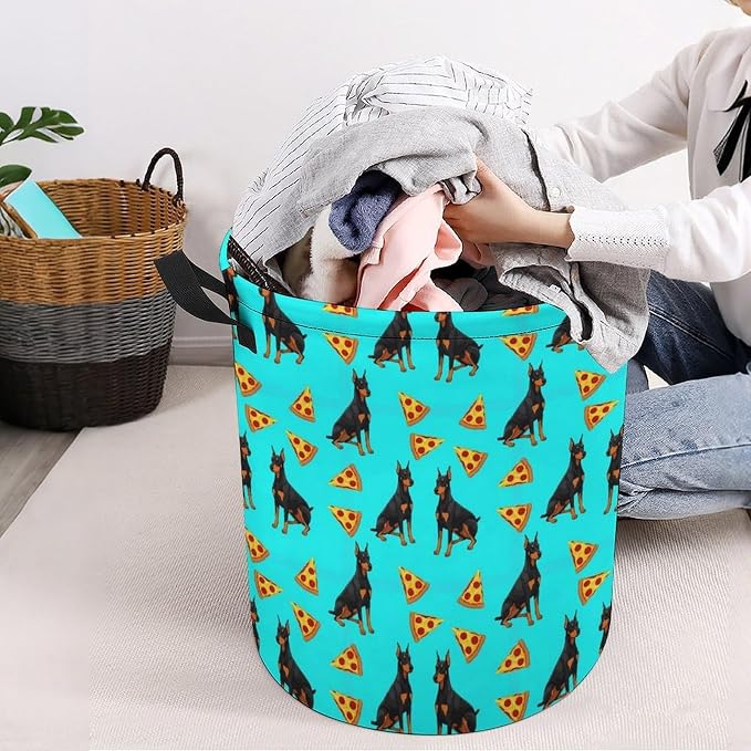 Large Laundry Basket with Handles Doberman Pinscher Turquoise Pizza, Collapsible Waterproof Hamper for Clothes, Toys, and Towel Organization at Home